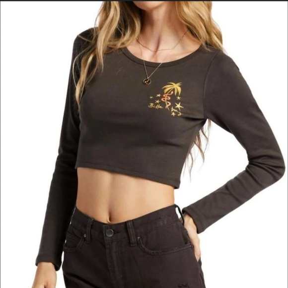 Billabong In The Tropic Top In Off Black Crop Top Long Sleeve Crewneck Size Med - Picture 4 of 13